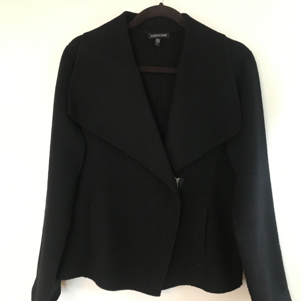 Eileen Fisher Black Wool-Blend Open Collar Jacket